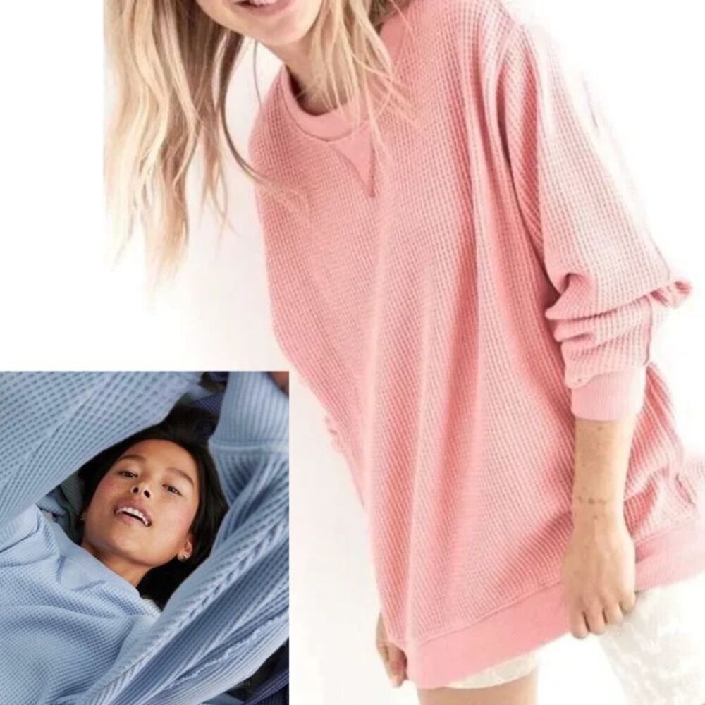 Aerie The Sweat Waffle Knit Crew Neck Sweatshirt Womens Sz XS Pink Blue Lot of 2